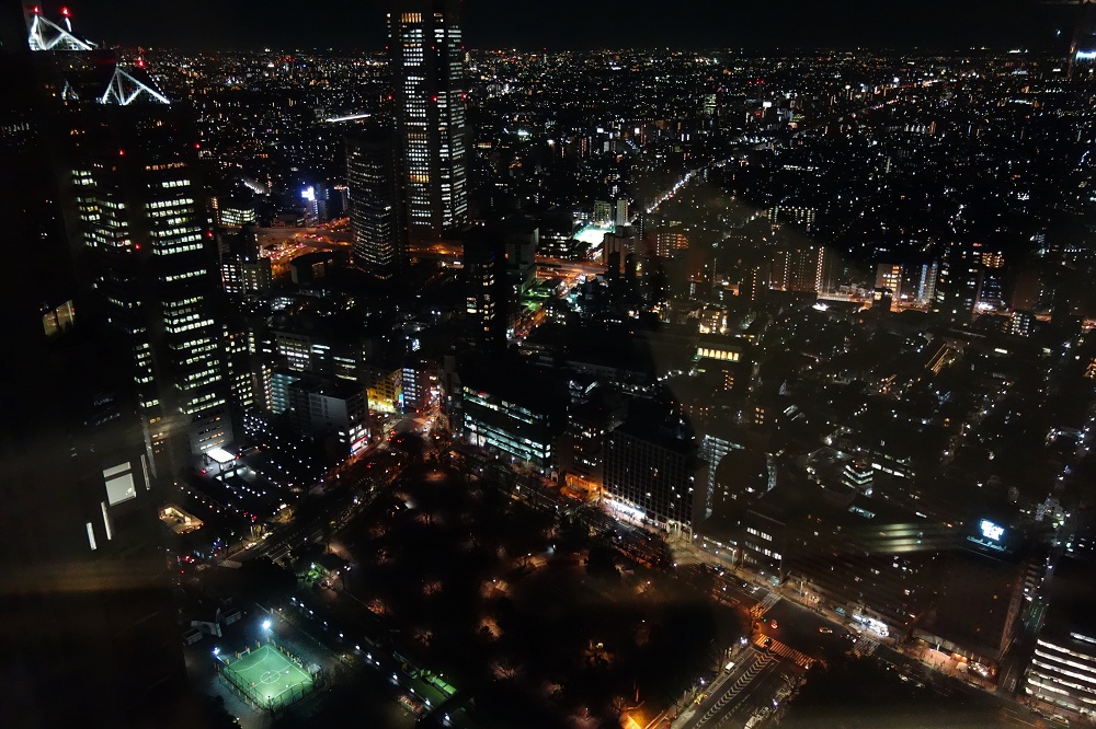 Schöner Abschluss. Blick von der Aussichtsplattform des Tokyoter Rathauses im 45. Stock - bis 23 Uhr geöffnet und sehr gut besucht! Links unten - in Grün - wahrscheinlich eher Betriebssport als schulische Club activities :-)